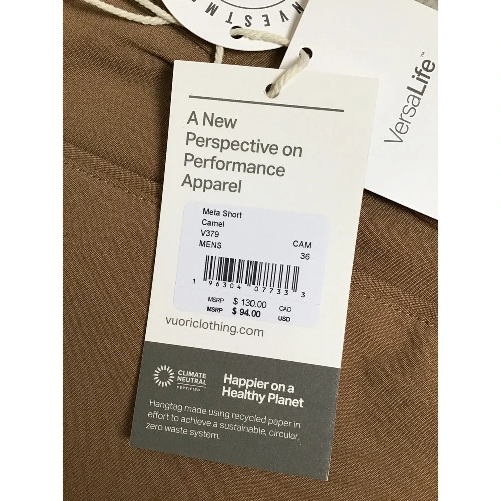 Vuori Men's Camel Flat Front Slash Pockets Meta Chino Shorts Size 36 NWT